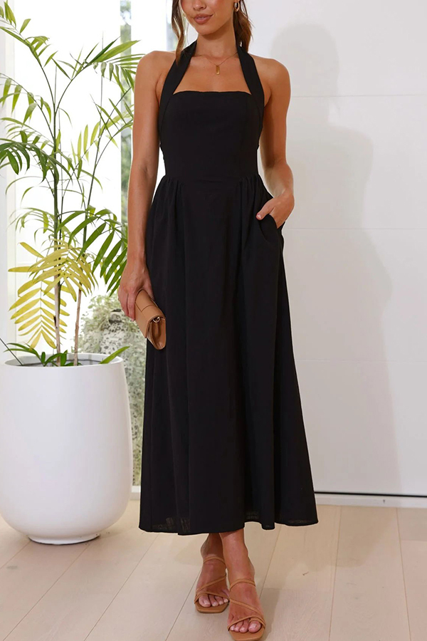 Brunch in Bali Linen Blend Halter Neck Pocketed Maxi Dress-consonak