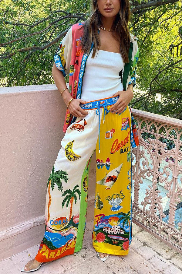 Kissed By The Sun Satin Unique Print Colorblock Elastic Waist Pocketed Wide Leg Pants | Consonak