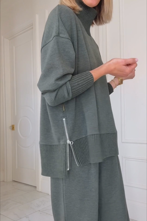 Barker High-Neck Long Sleeve Side Zipper Sweatshirt and Elastic Waist Pocketed Loose Pants Set-consonak