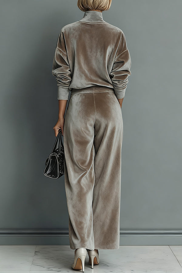 Stylish Velvet Turtleneck Long-sleeved Top and Casual Pocket Wide-leg Pants Set | Consonak