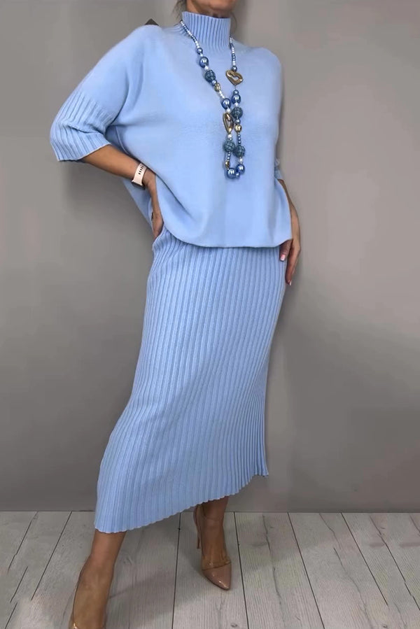 Solid Color Loose-fitting Turtleneck Knit Sweater and Stretchy Elegant Midi Skirt Set-consonak