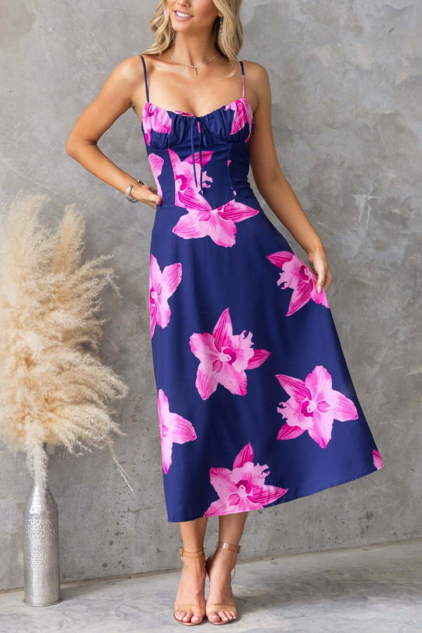 Floral Print Spaghetti Strap Backless Tie-up Elegant Slim-fit Midi Dress-consonak