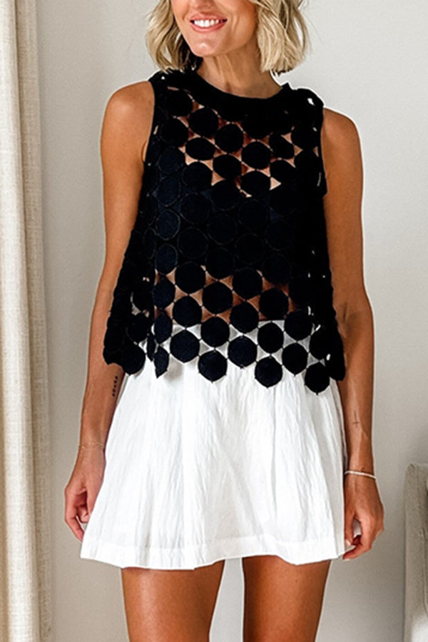 Casie See Through Circle Embroidery Round Neck Sleeveless Tank | Consonak