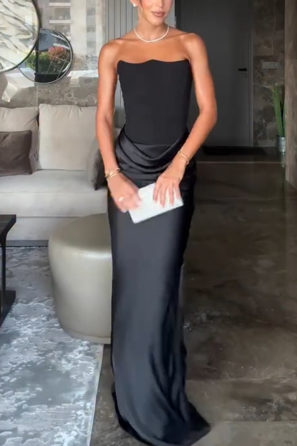 Attend The Gala Strapless Corset Satin Ruched Hip Drape Maxi Dress-consonak