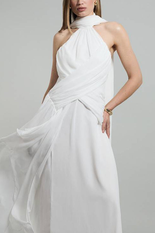 Spring Enchantment Chiffon Crinkle Cross Front Drape Scarf Maxi Dress-consonak