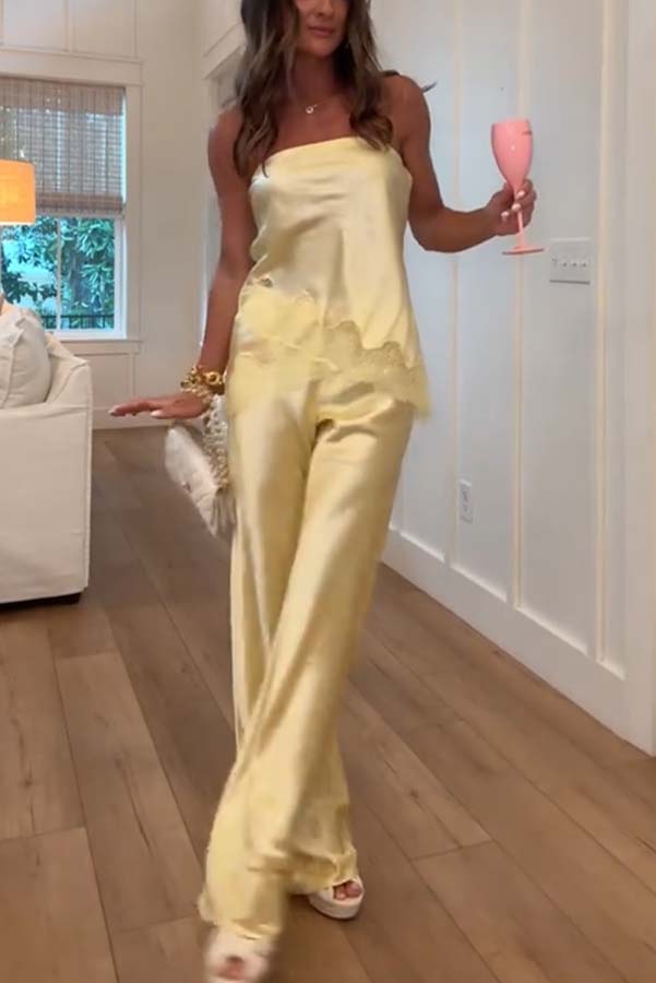 Odessa Satin Floral Lace Hem Strapless Tank and Mid Rise Wide Leg Pants Set-consonak