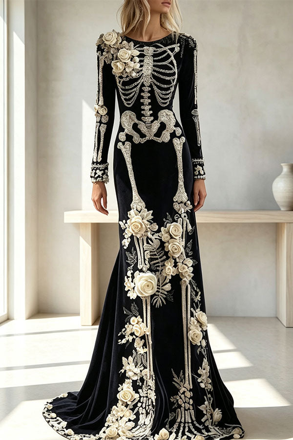 Luxury skull embroidered velvet dress-Consonak