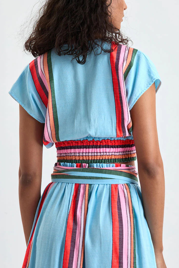 Stylish Striped Print V-neck Cropped Top and Elastic Waist Casual Maxi Skirt Set-consonak