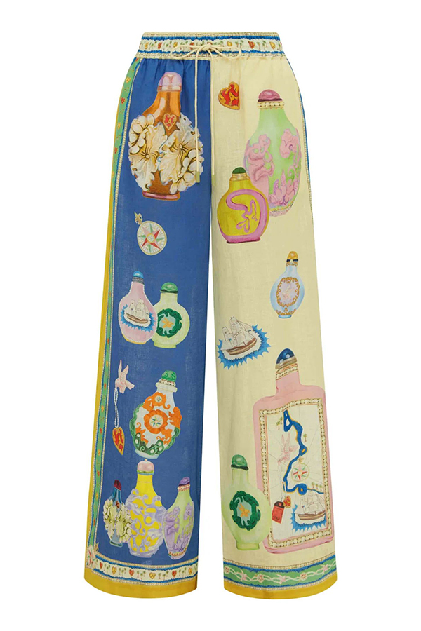 Creating Memories Linen Blend Unique Print Elastic Waist Pocket Wide Leg Pants-consonak