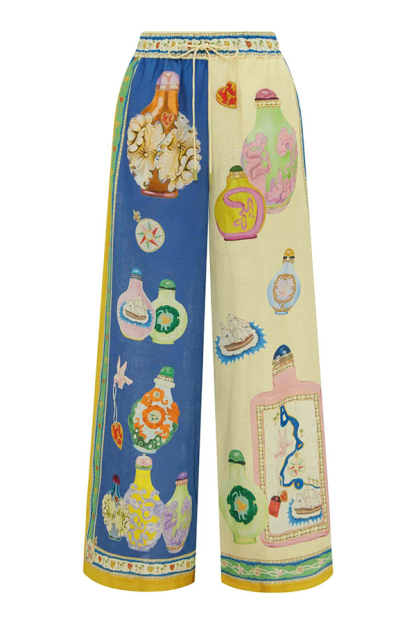 Creating Memories Linen Blend Unique Print Elastic Waist Pocket Wide Leg Pants-consonak