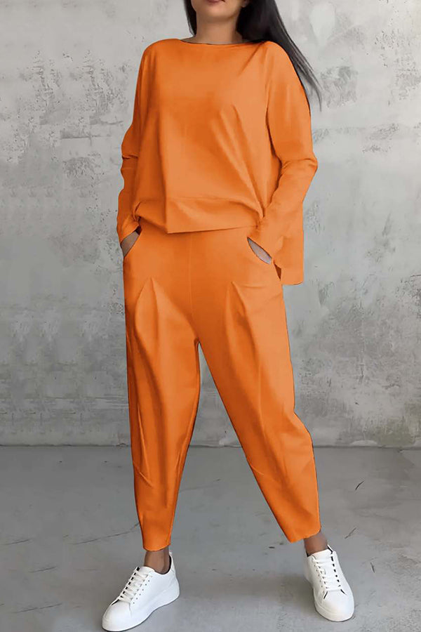 Solid Color Crew Neck Long-sleeved Irregular Loose Top and Elastic Waist Pocket Casual Pants Set-consonak