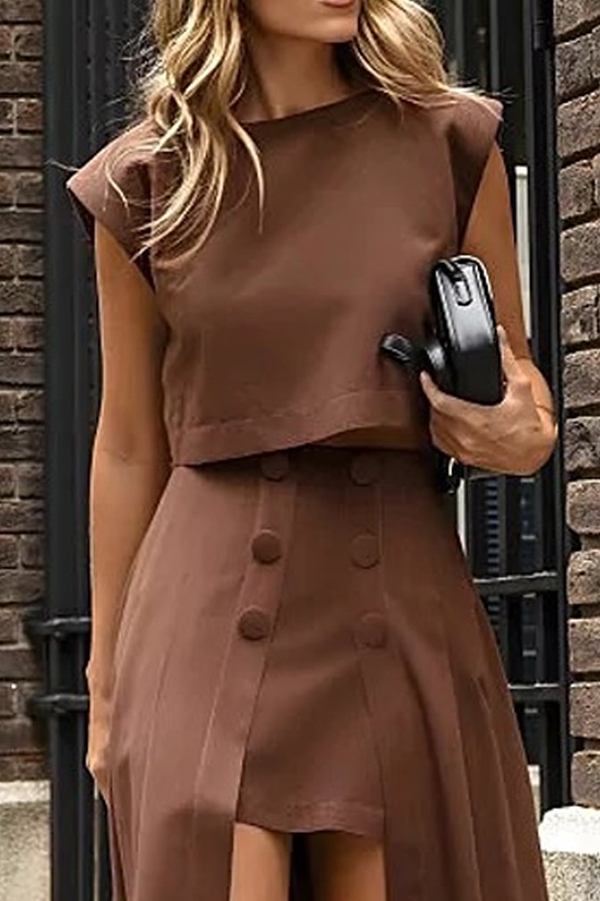 Solid Color Crew Neck Crop Top and High Waist Irregular Maxi Skirt Set-consonak