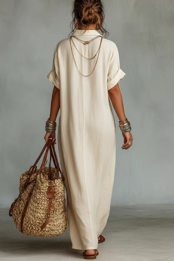 Linen Blend Embroidered V-neck Pocket Casual Loose Maxi Dress