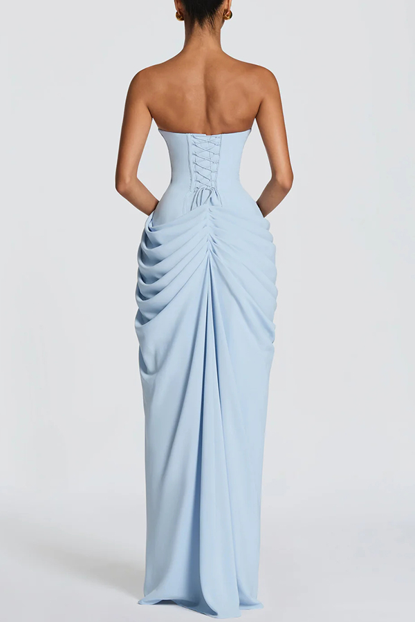 Cyra Chiffon Back Lace-up Asymmetrical Pleats Strapless Slit Maxi Dress
