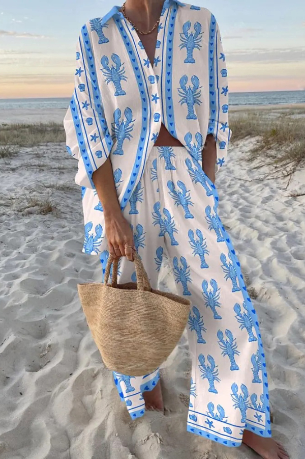 Blue Lobster Print Oversized Shirt and Elastic Waist Pocket Pants Set