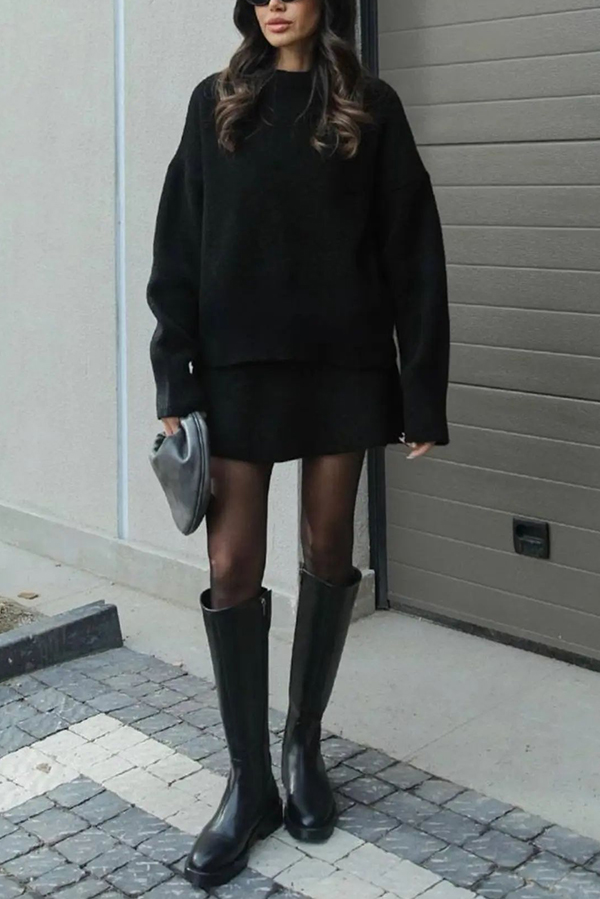 Solid Color Casual Preppy Knit Top and Knit Stretch Mini Skirt Set-consonak