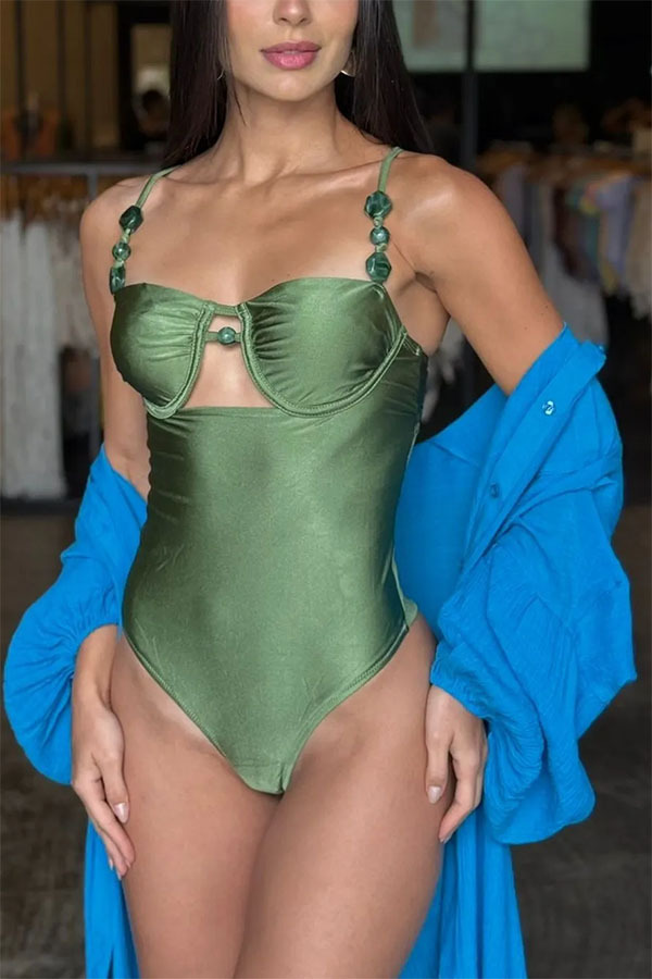 Salima Beaded Strap Cutout Detail SweetHeart Neck Stretch One-Piece Swimsuit