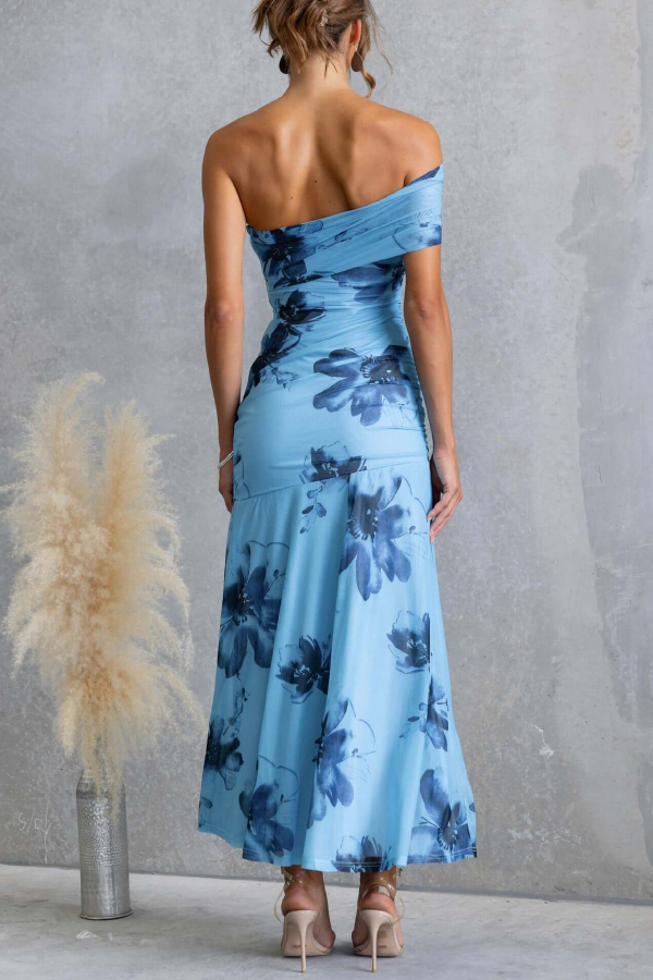 Floral Print Elegant Mesh Off-shoulder Fitted Maxi Dress-consonak