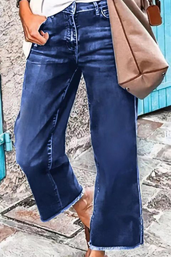 Stylish Raw-edge Mid-rise Pocket Stretch Straight-leg Jeans-consonak