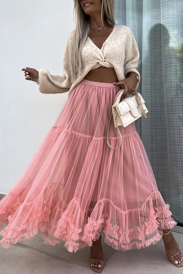 Elegant Tulle Stretch Waist Paneled Pleated Maxi Skirt-consonak