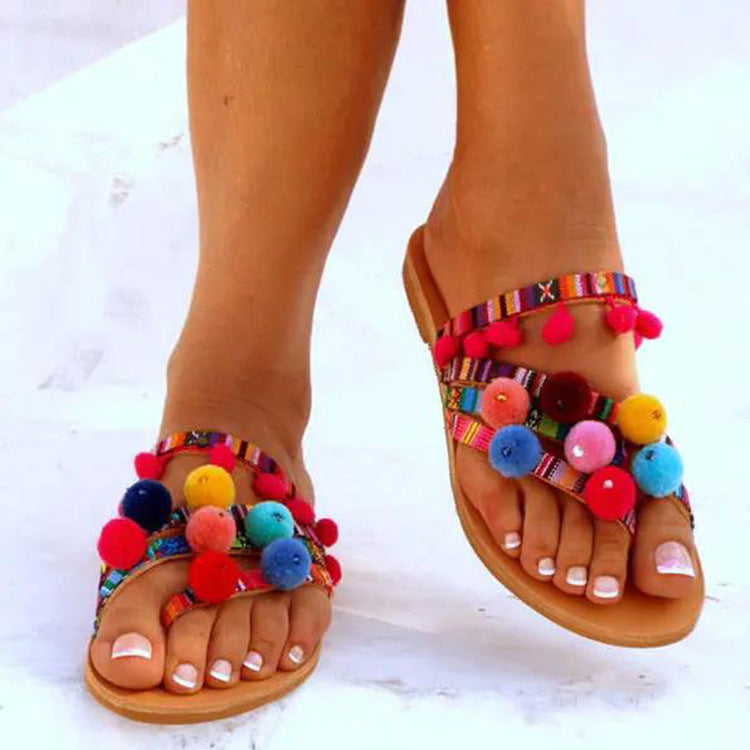 Colorful Fur Ball Ethnic Tribal Wind Beach Dress Slippers-consonak