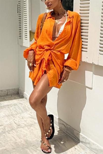 Kala Linen Blend Button Balloon Sleeve Blouse and Elastic Waist Warp Tie-up Mini Skirt Set