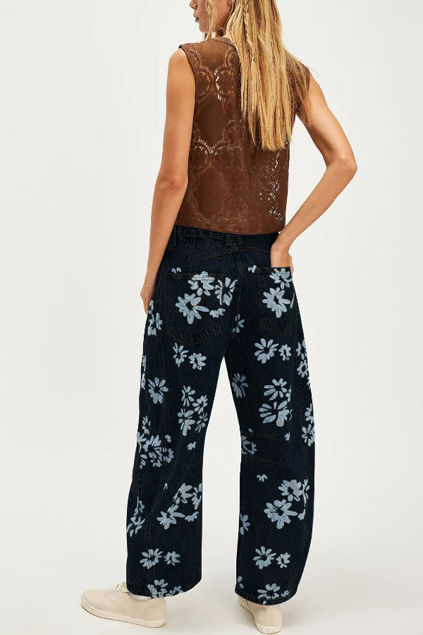 Fashionable Printed Casual Loose Mid-rise Pocket Leg Jeans