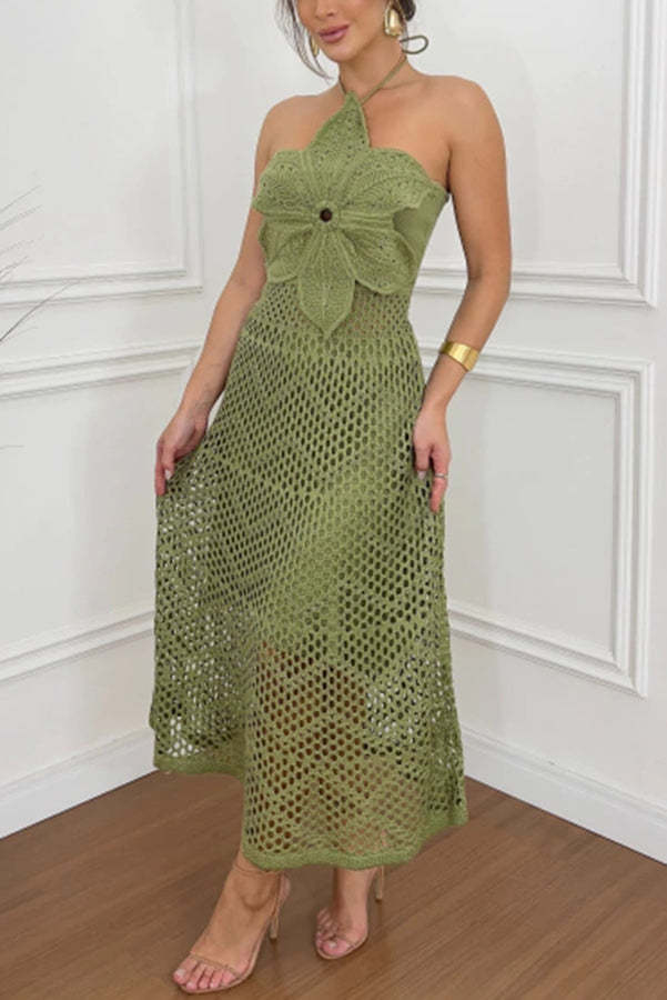 Libby Crochet Knit Oversized Flower Design Halter Texture Maxi Dress-consonak