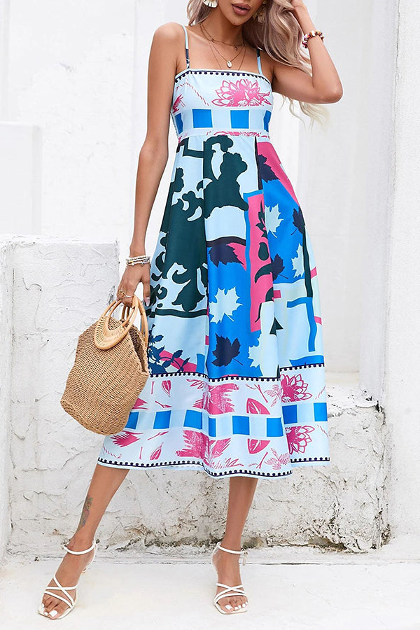 Tea Party Vibes Unique Print Pocketed Smocked Back Midi Dress-consonak