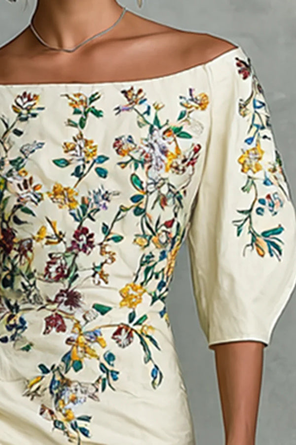 Floral Print Off-shoulder Puff Sleeve Fitted Midi Dress-consonak