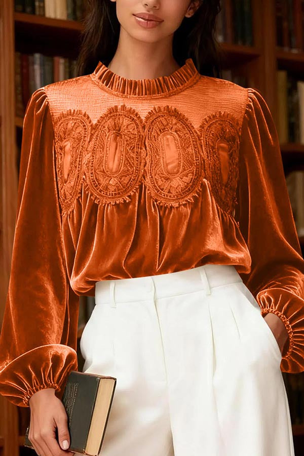 Fashionable Velvet and Lace Patchwork Loose Long-sleeved Top-consonak