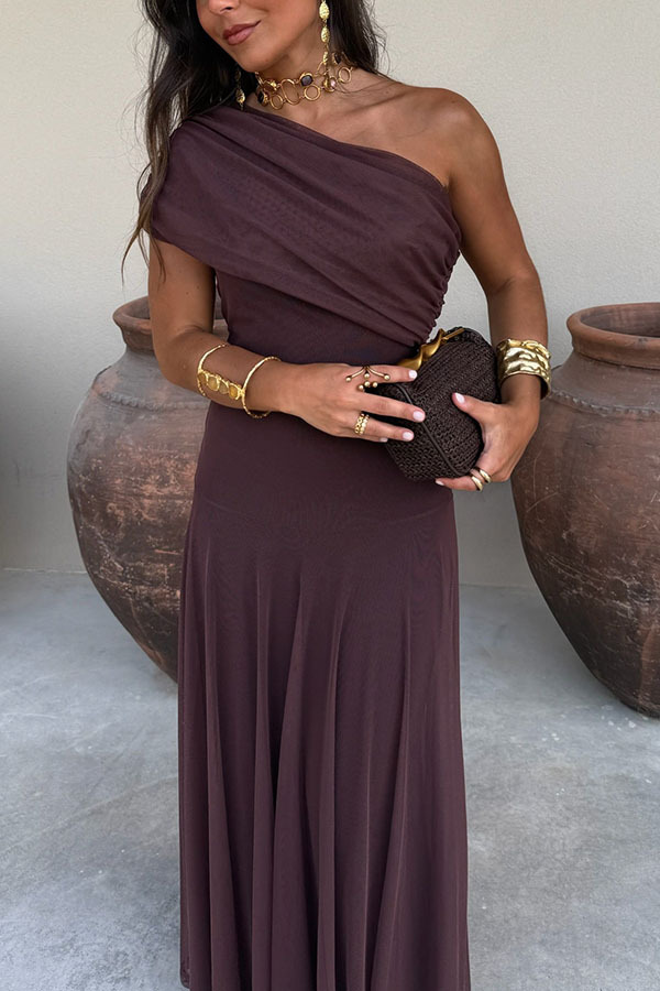 In My Arms Mesh Ruched Strapless Paneled Drape Flare Maxi Dress