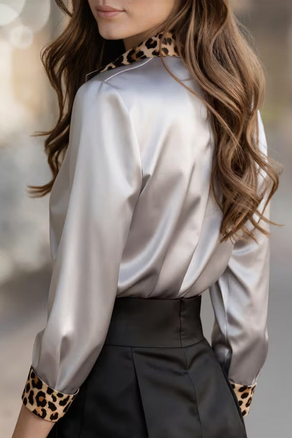 Satin Leopard Print Patchwork Casual Long-sleeved Shirt-consonak