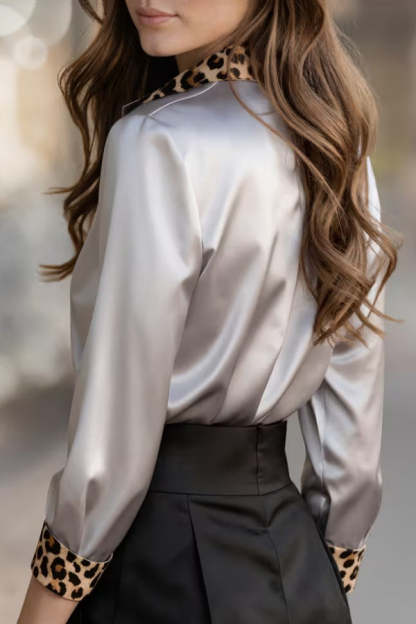 Satin Leopard Print Patchwork Casual Long-sleeved Shirt-consonak