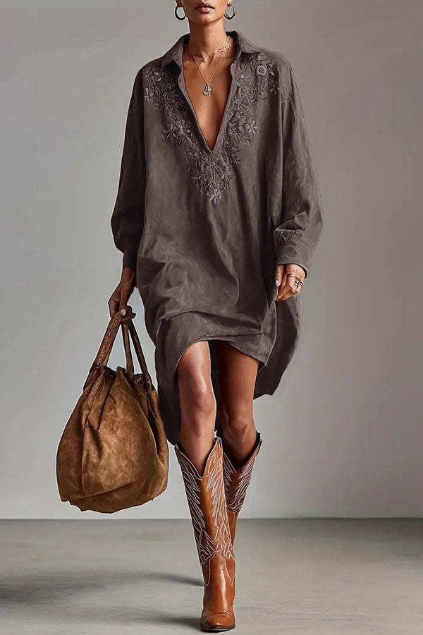 Fashionable Embroidered Loose Suede Long-sleeved Casual Mini Dress-consonak