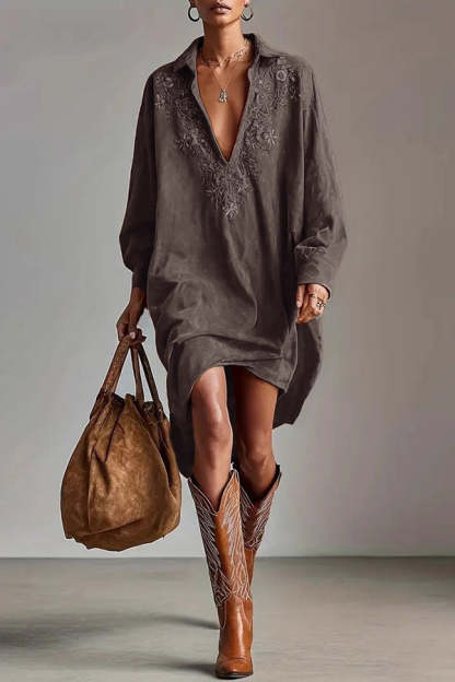 Fashionable Embroidered Loose Suede Long-sleeved Casual Mini Dress-consonak