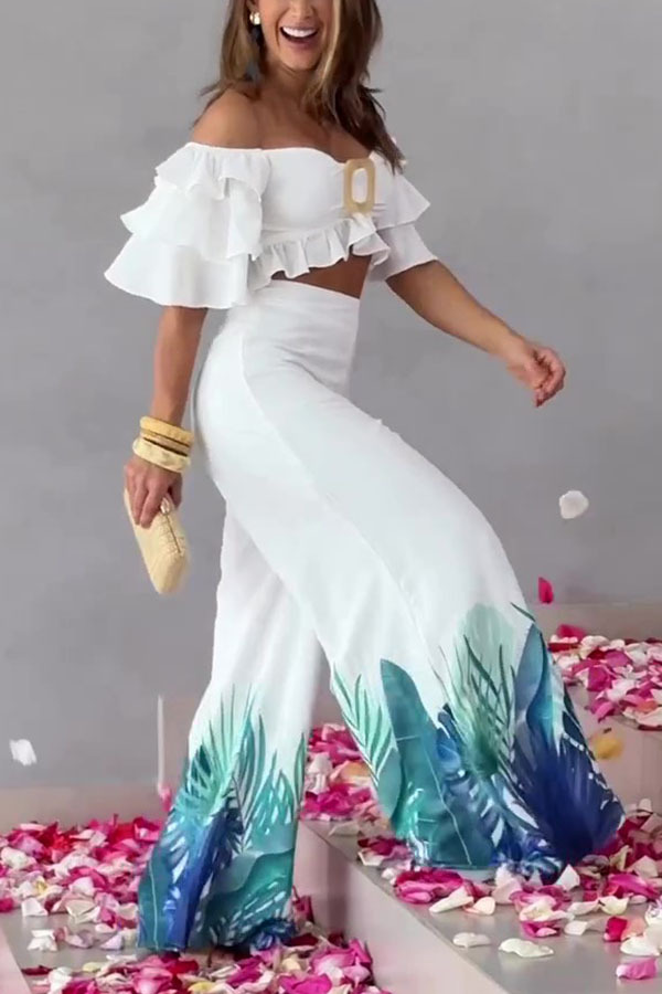 Sexy Off Shoulder Top and High Waisted Wide Leg Printed Pants Suit-consonak