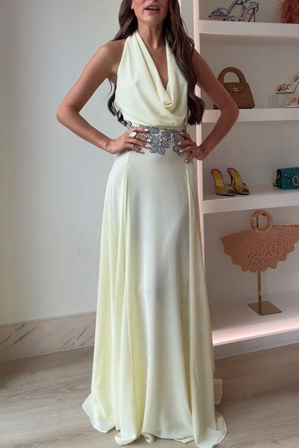 Santal Chiffon Detachable Halter Cowl Neck Scarf Floral Diamante Trims Maxi Dress-consonak