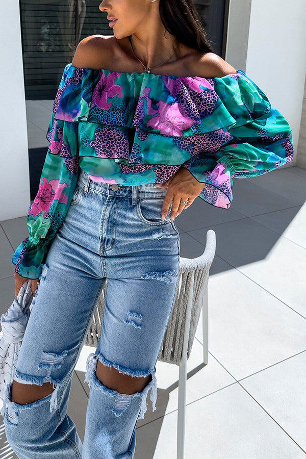 Colorful Botanical Print Sexy Off-shoulder Ruffle Top-consonak