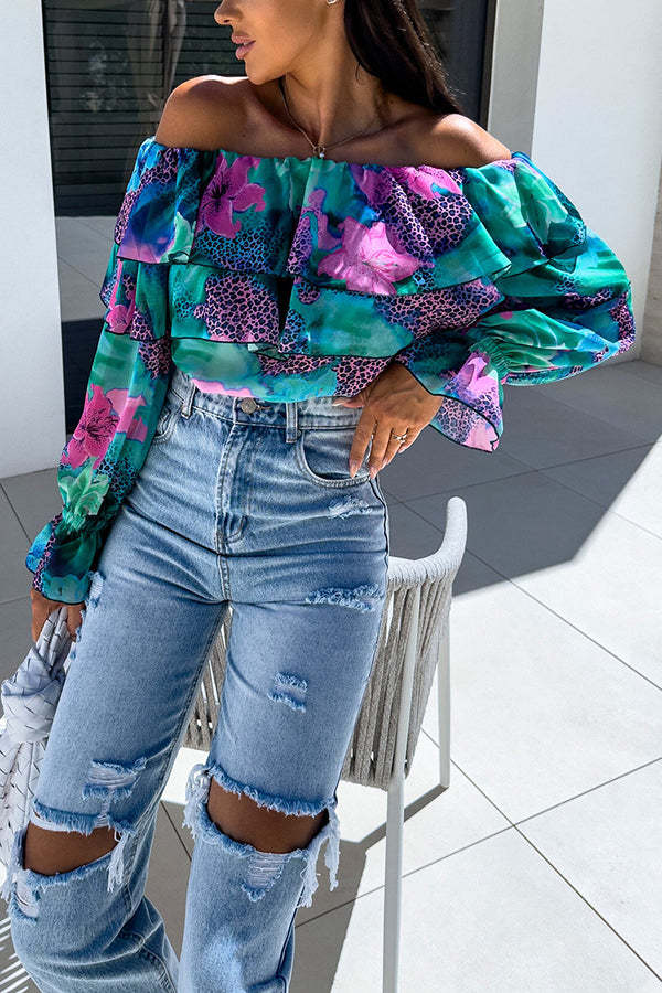 Colorful Botanical Print Sexy Off-shoulder Ruffle Top-consonak