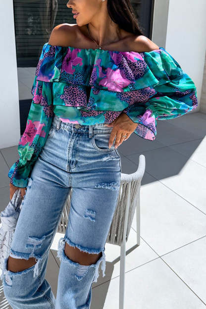 Colorful Botanical Print Sexy Off-shoulder Ruffle Top-consonak