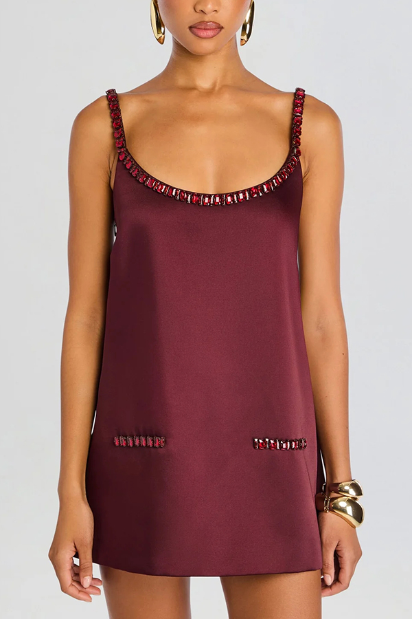 Taste Red Wine Satin Gemstone Trim Round Neck Slip H-line Mini Dress-consonak