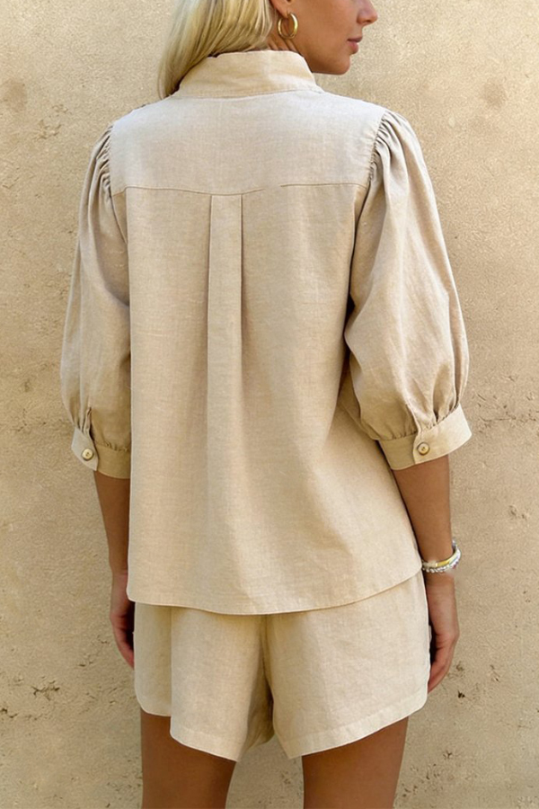 Linen Blend V-neck Puff Sleeve Shirt and Elastic Waist Loose Pocket Shorts Set-consonak