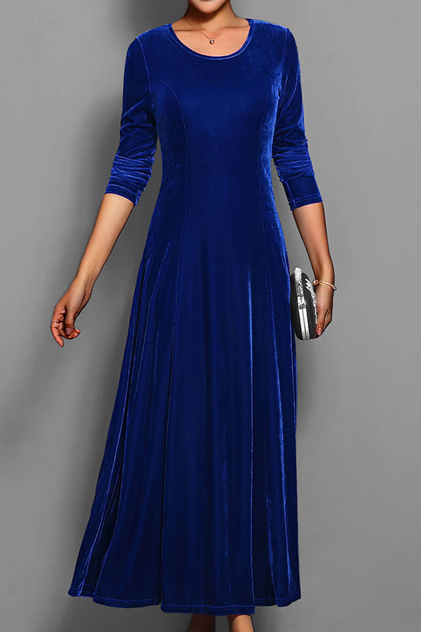 Solid Color Velvet Round Neck Long Sleeve Slim Midi Dress-consonak