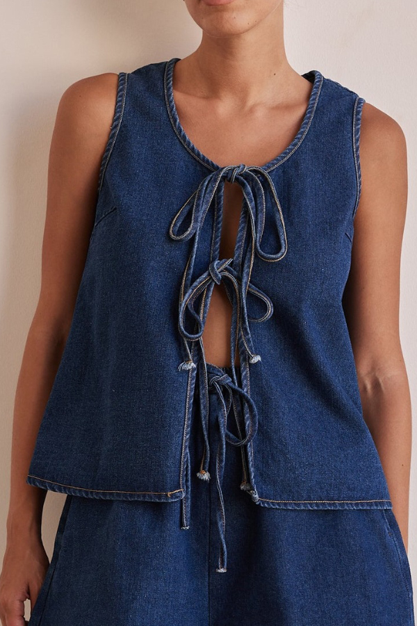 Stylish Sleeveless Round Neck Tie-up Casual Denim Vest