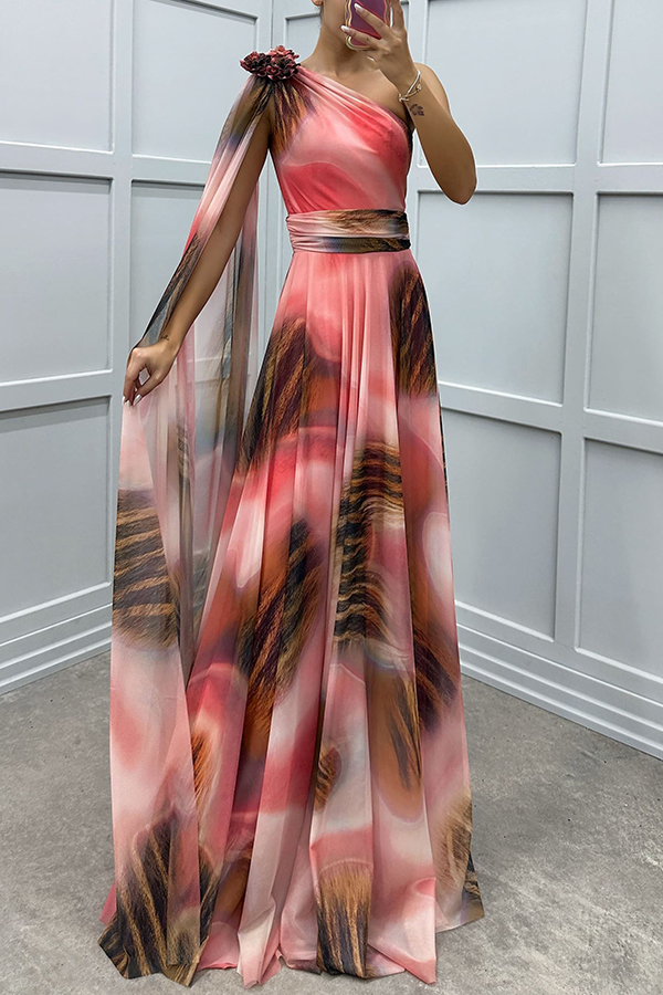 Lucia Unique Print Floral Detail One Shoulder Draped Sleeve Gown Maxi Dress | Consonak