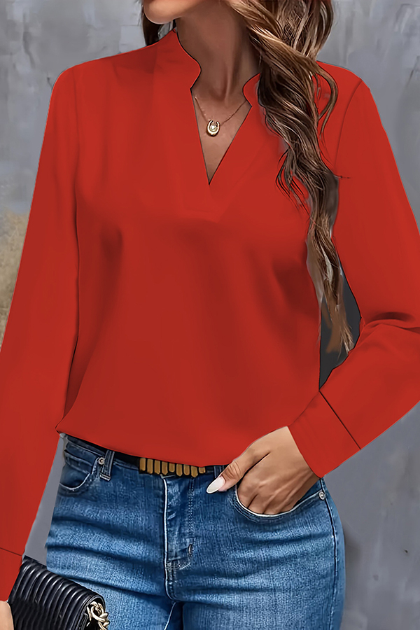 Solid Color Loose V-neck Long-sleeved Casual Shirt-consonak