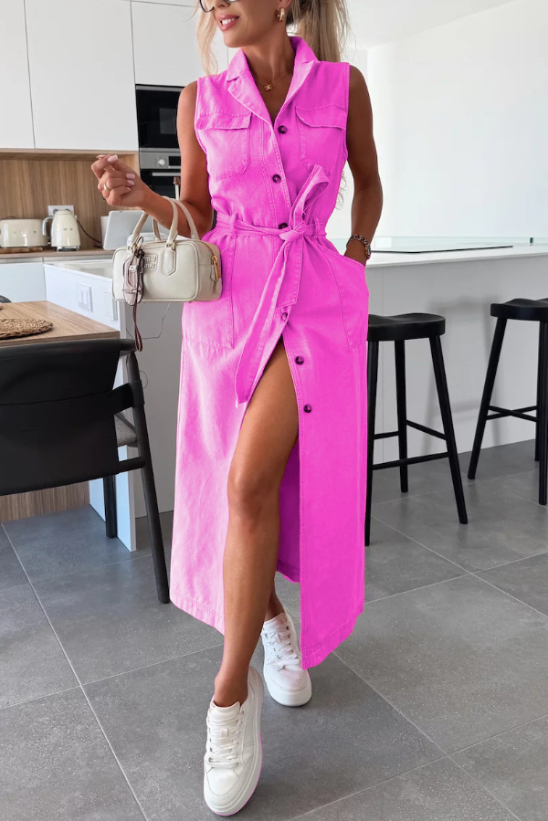 Solid Color Sleeveless Single Breasted Waist Tie Casual Pocket Denim Midi Dress | Consonak