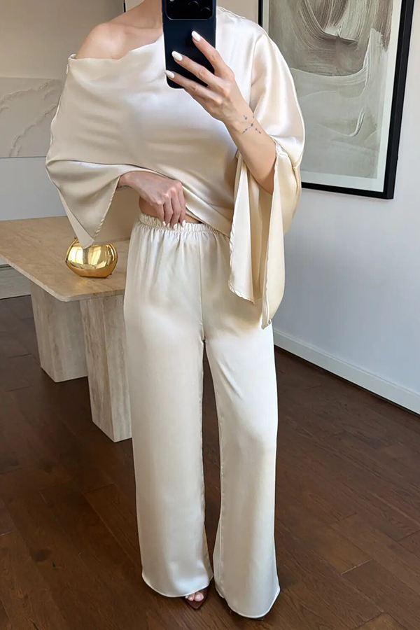 Arnell Satin One-Shoulder Cape Top and Elastic Waist Wide Leg Pants Set