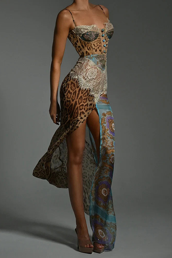 Chiffon Leopard Print Sexy Lace Splicing High Slit Slim Maxi Dress | Consonak